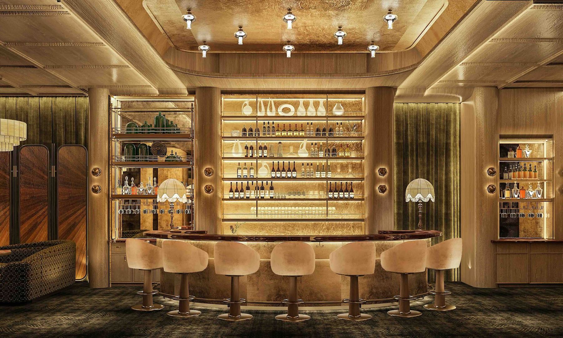 The Bar Won bench, bottles lit behind the bar