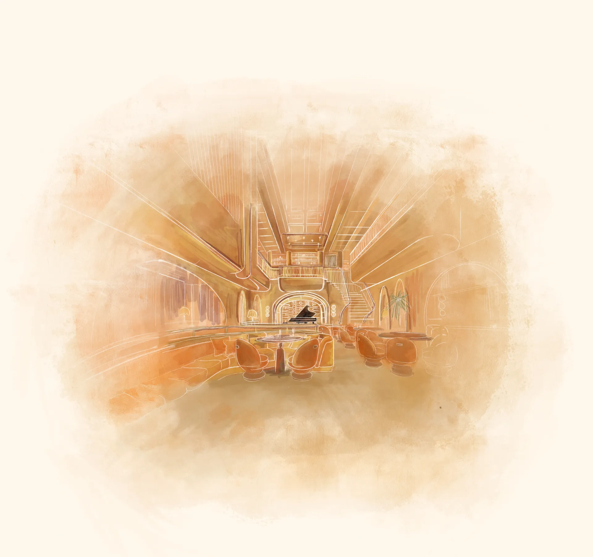 Watercolour sketch of The Consul dining hall