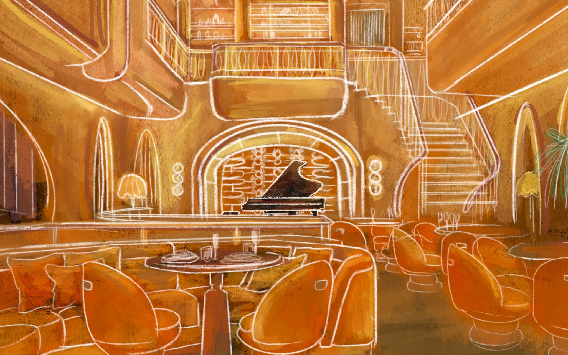 The grand piano beneath the arch, sketched